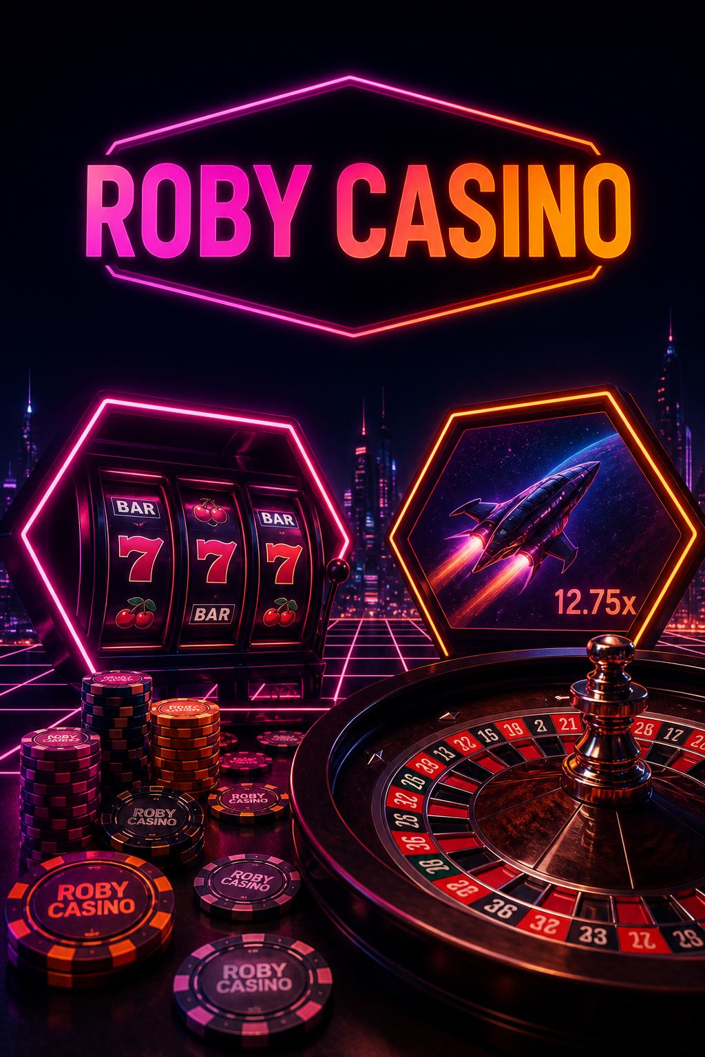 Roby Casino neon hex lobby with slots and crash