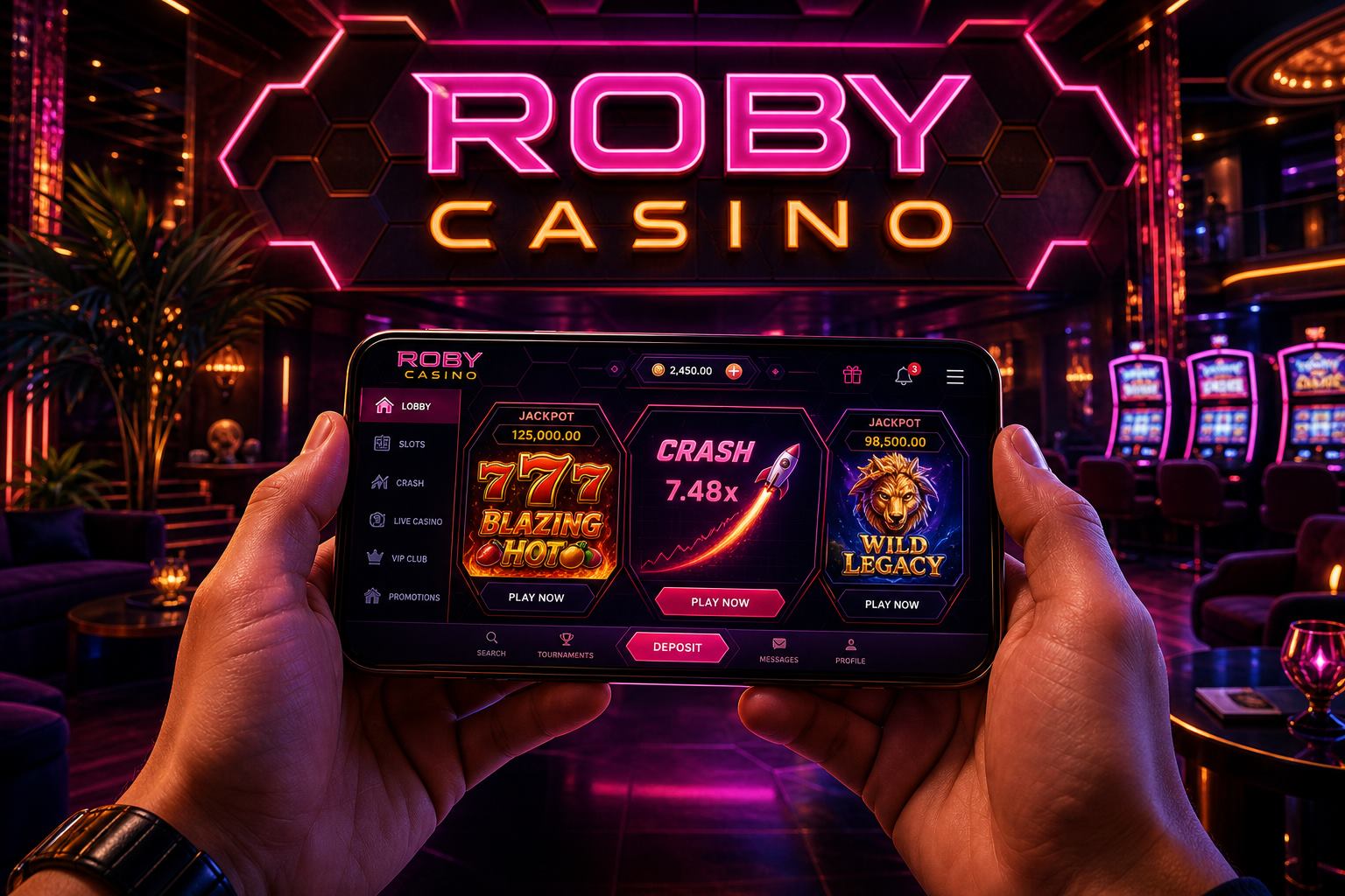 Roby Casino mobile lobby on phone