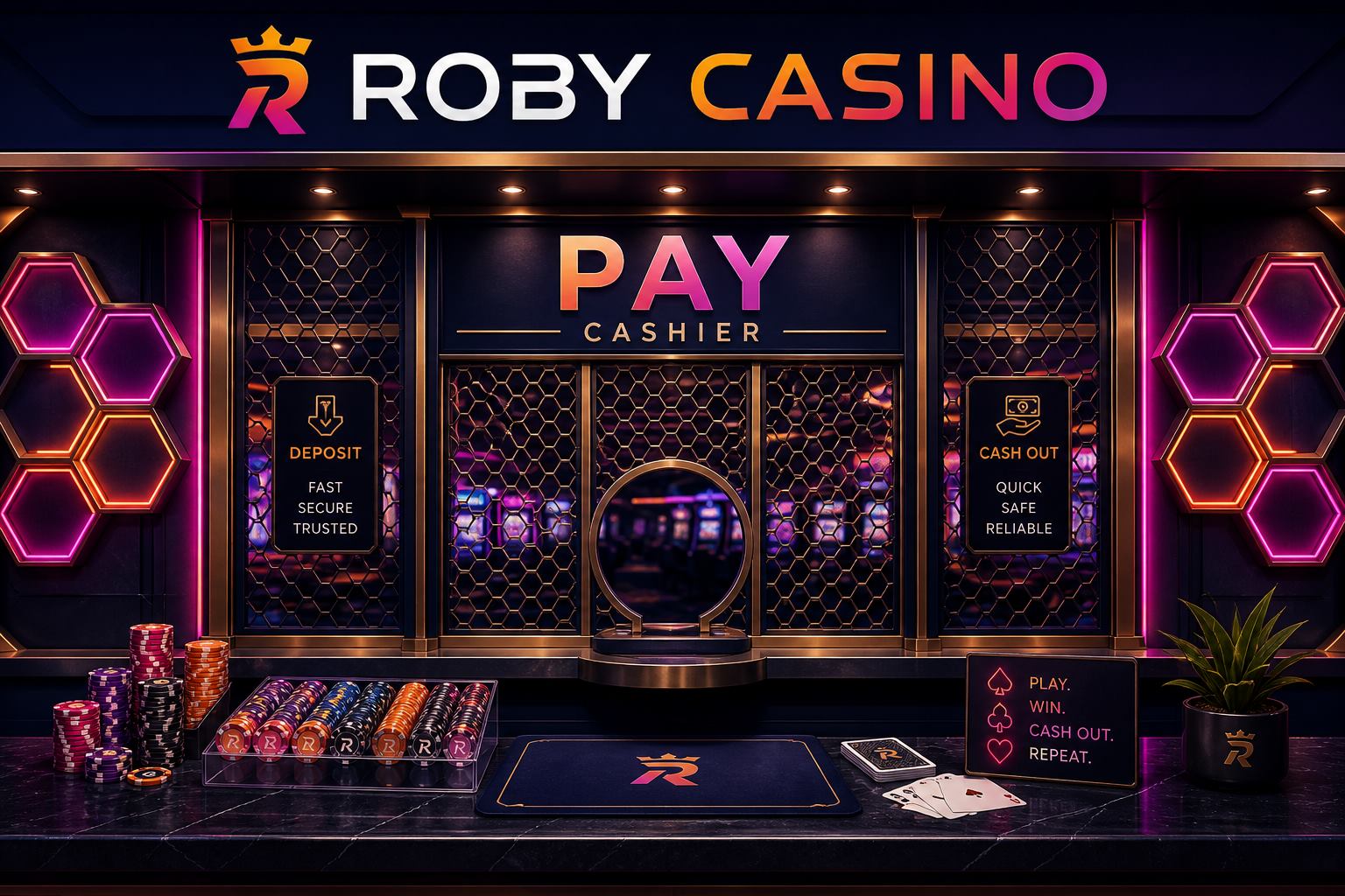 Roby Casino cashier with chips and deposit desk
